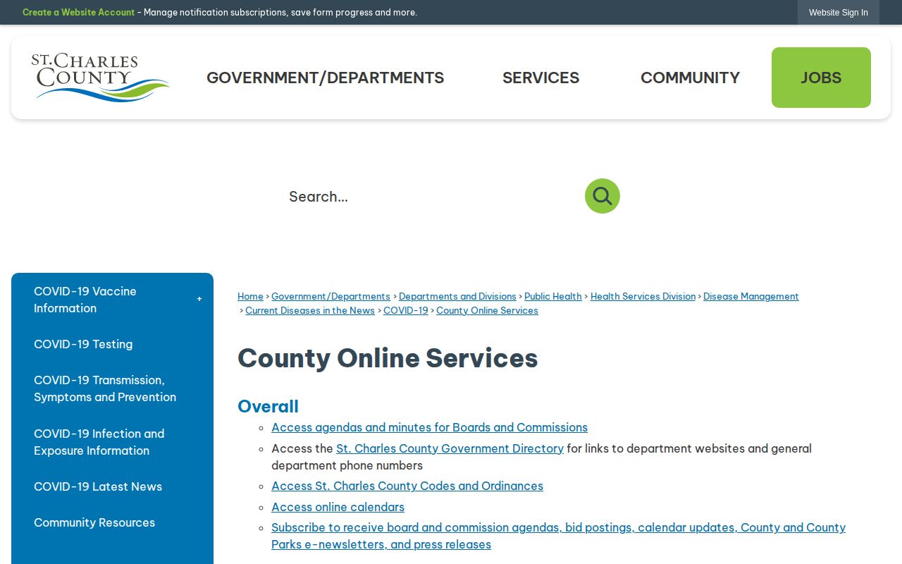 St. Charles County online services showing Corrections and JailATM