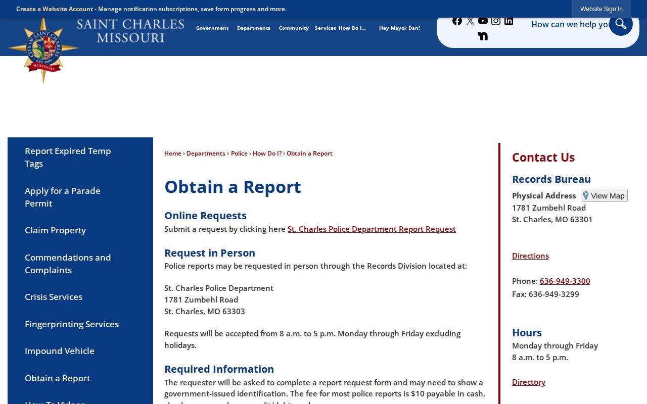 St. Charles Police report request page with JustFOIA records access