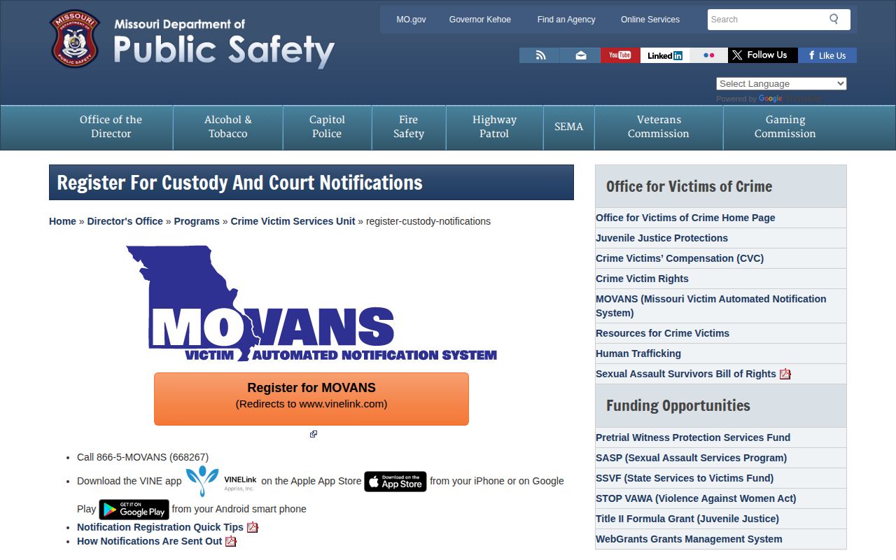 Missouri DPS page for MOVANS custody notification registration