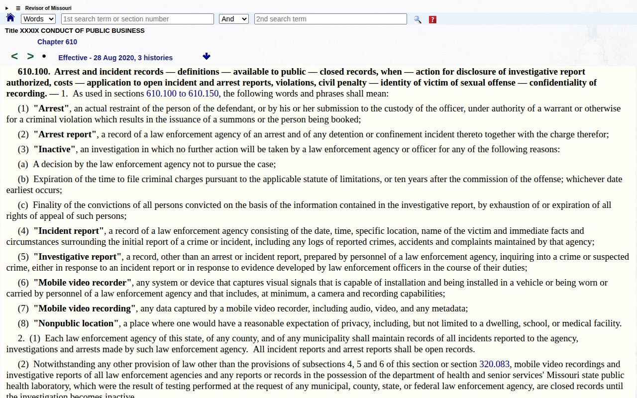 Missouri Revised Statutes section 610.100 arrest records page